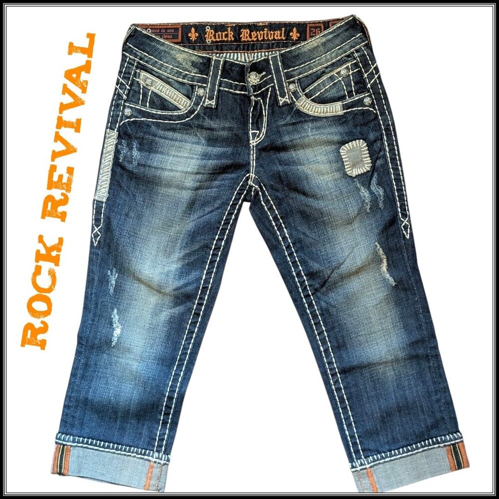 ROCK REVIVAL Amy Capri Jeans Roll Up Cuffs Dark Blue Wash Patchwork Women's 26